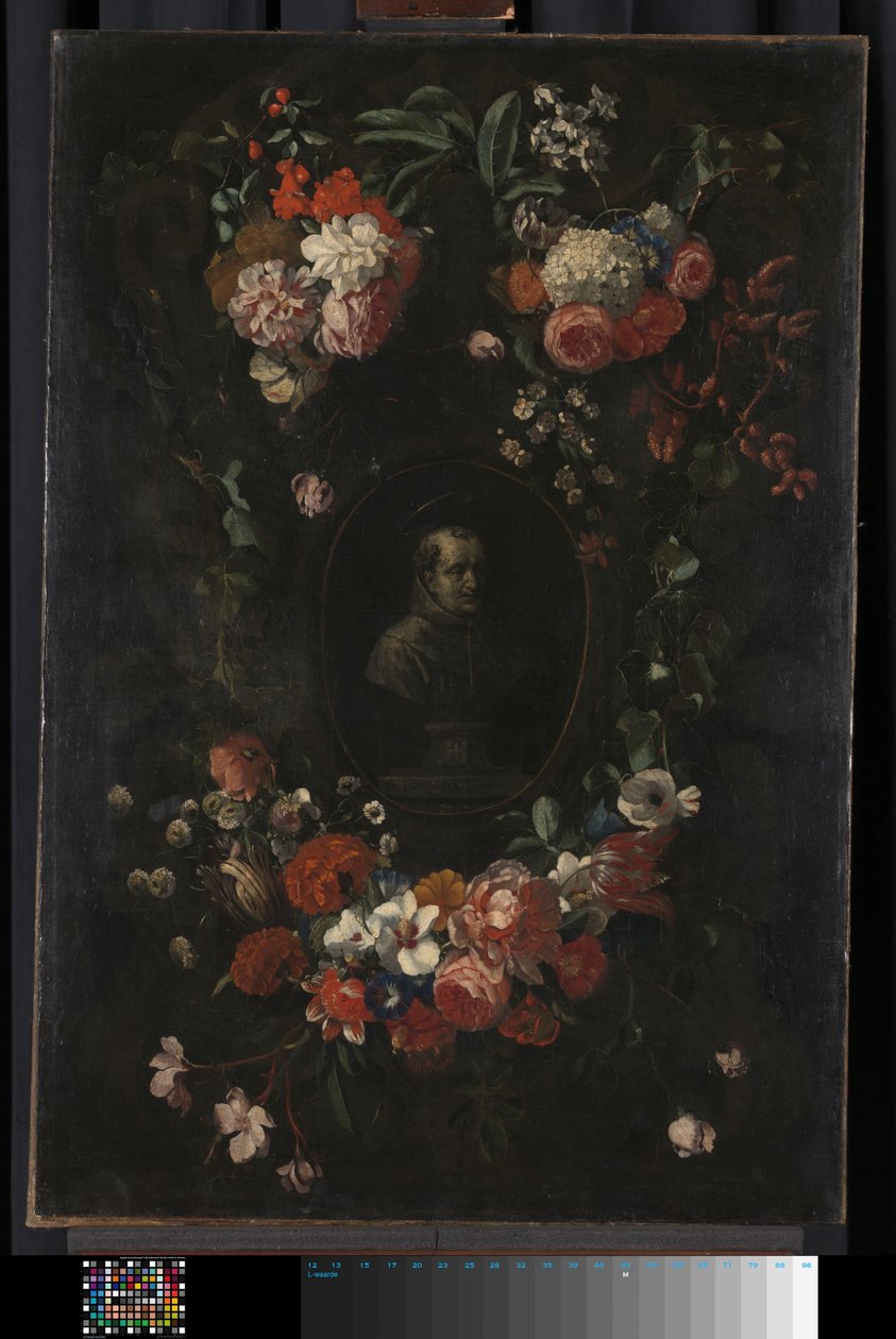 Buste sculpté feint du bienheureux Hieronymus Werdanus dans une cartouche de pierre feinte, décoré d