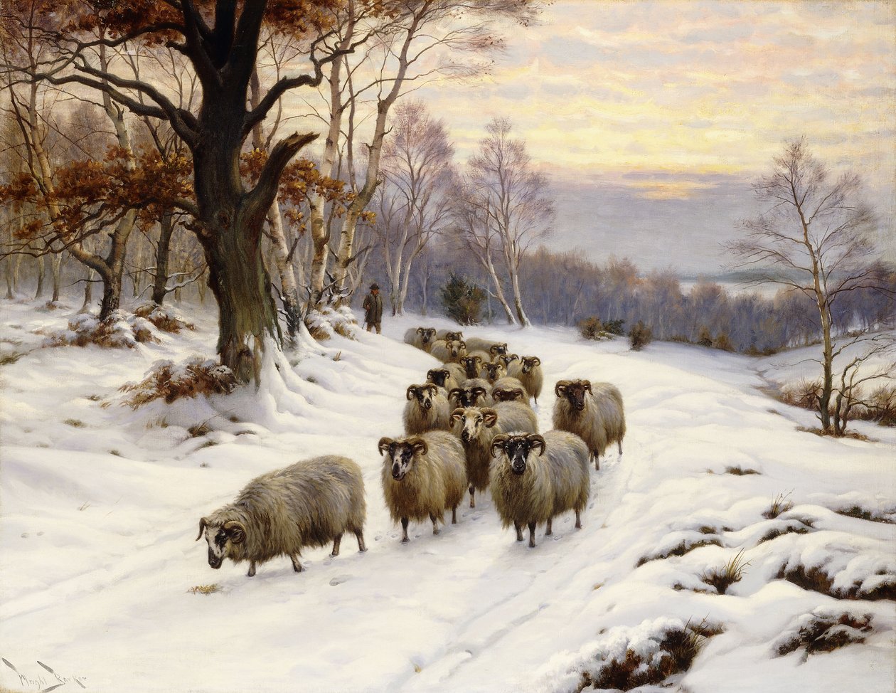 Un berger et son troupeau sur un chemin en hiver - Wright Barker