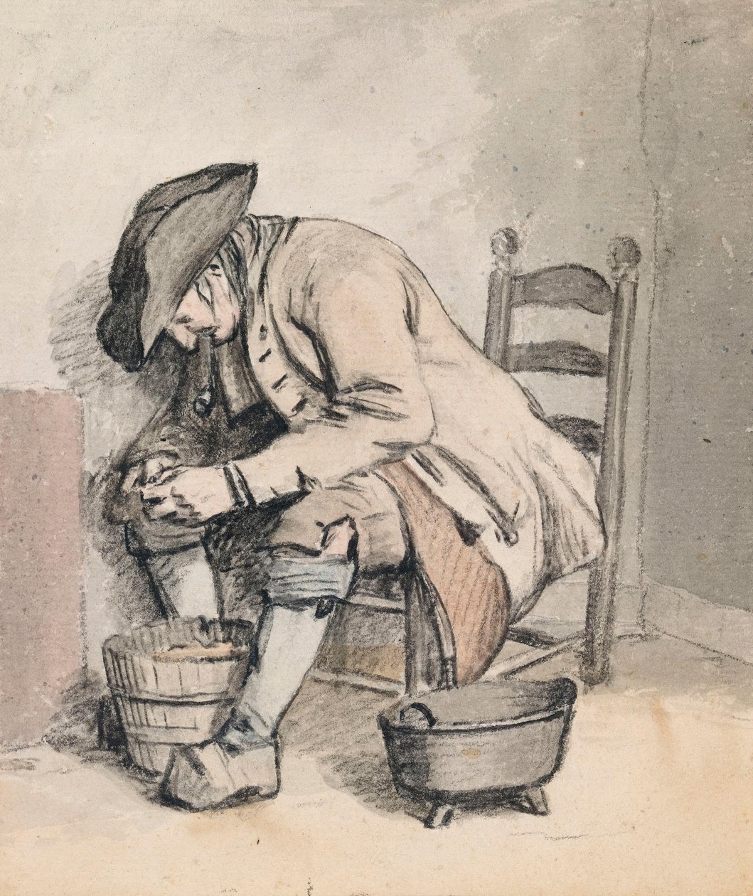 Un homme assis, penché sur un seau ; trois femmes (en ombre) au verso - Wybrand Hendriks