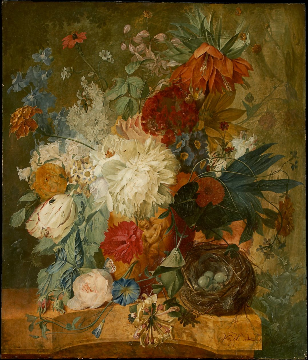 Nature morte avec bouquet de fleurs et nid d