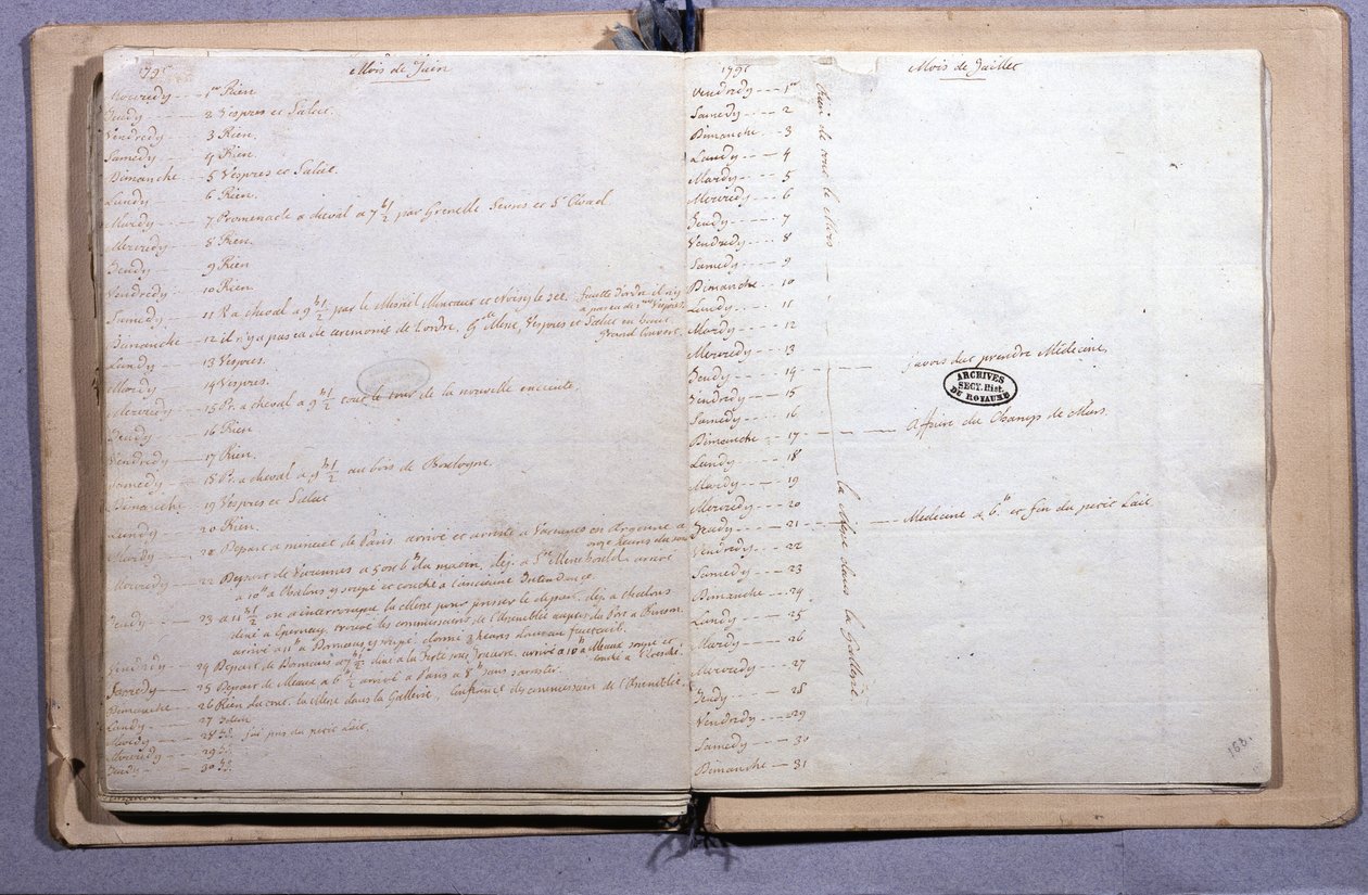 Journal de Louis XVI. Mois de juin et juillet 1791. Cahier 17X21 cm. Archives Nationales. Paris - XVI Louis