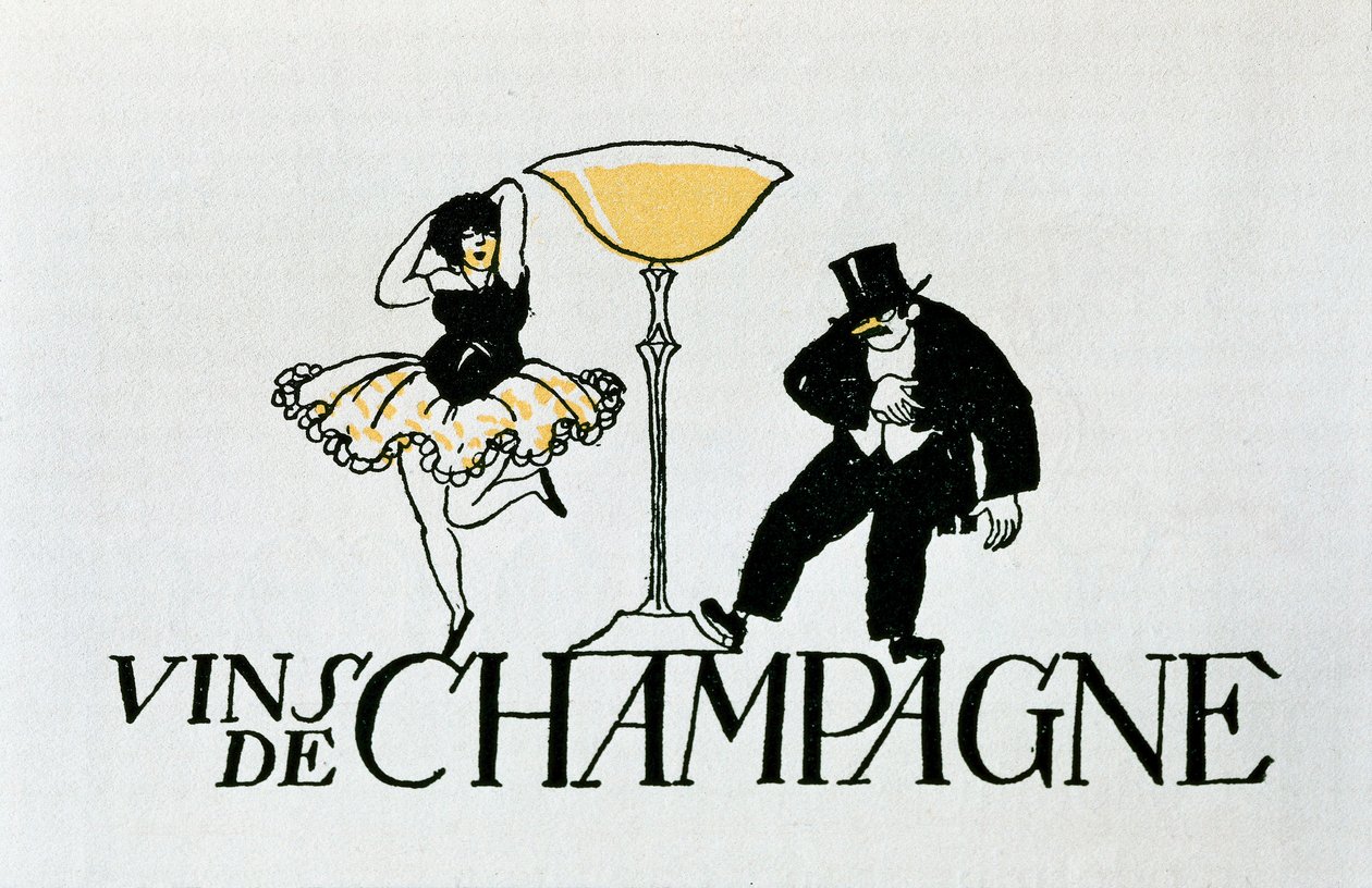 Vignette publicitaire pour les vins de Champagne représentant un couple dansant autour d