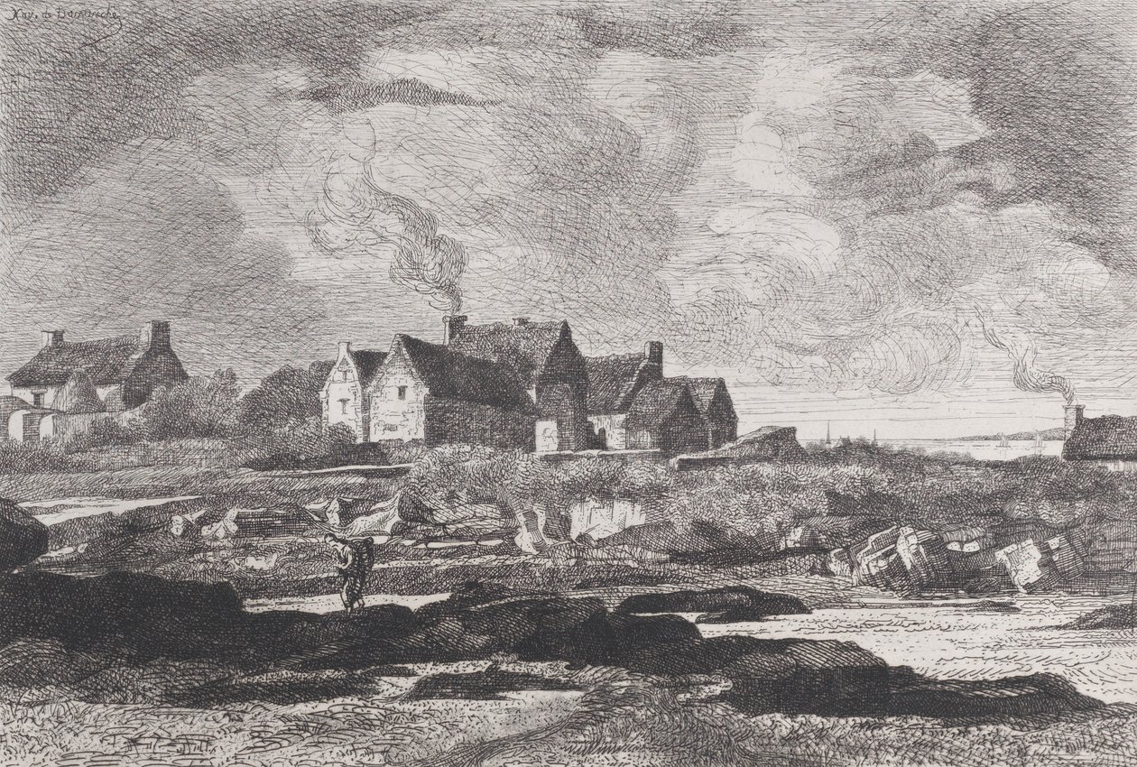 Paysage de campagne avec une rivière à droite et des maisons en arrière-plan - Xavier de Dananche