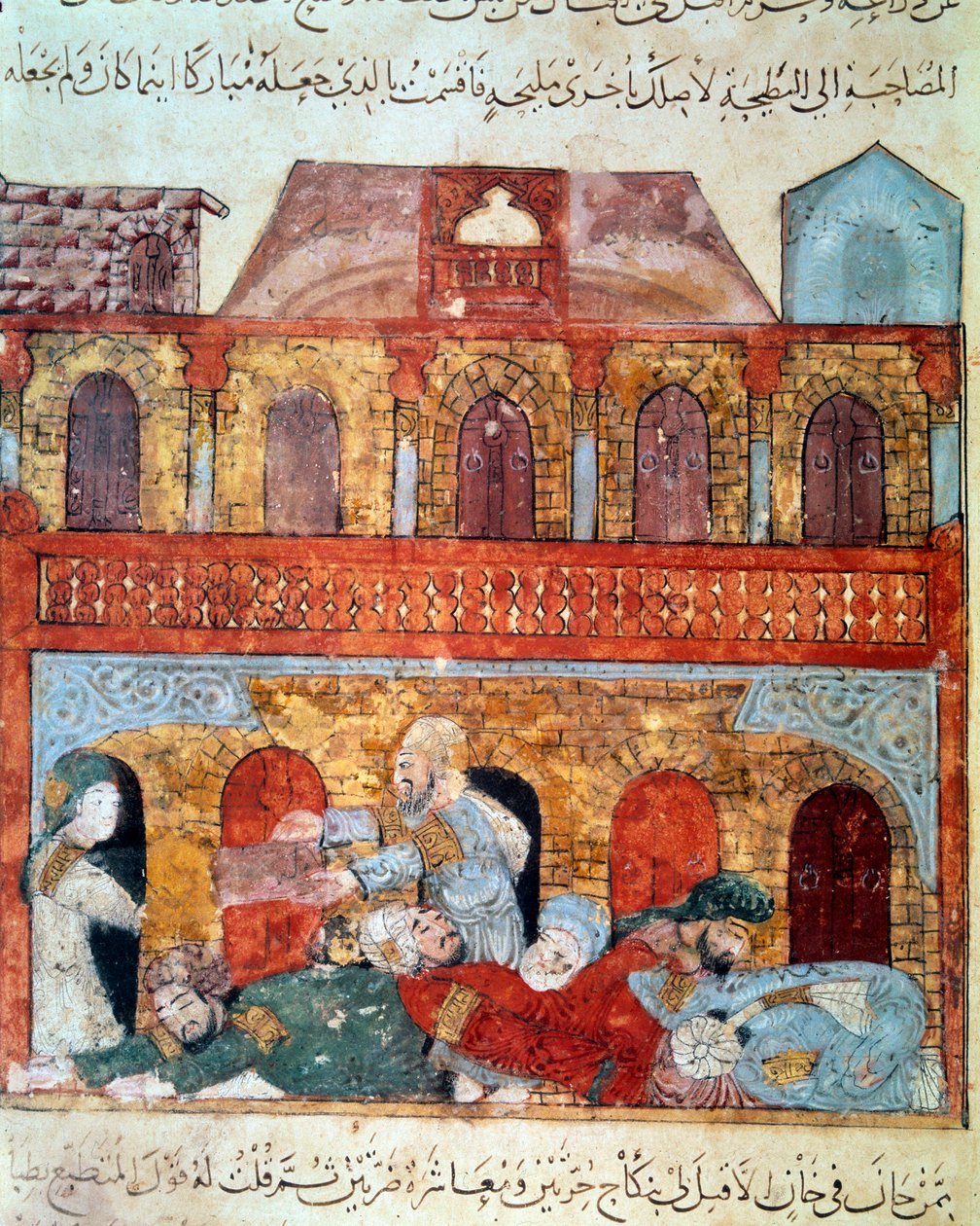 Le navigateur vagabond Abu-Zayd et les marchands endormis. Miniature des Maqamat (Séances) d