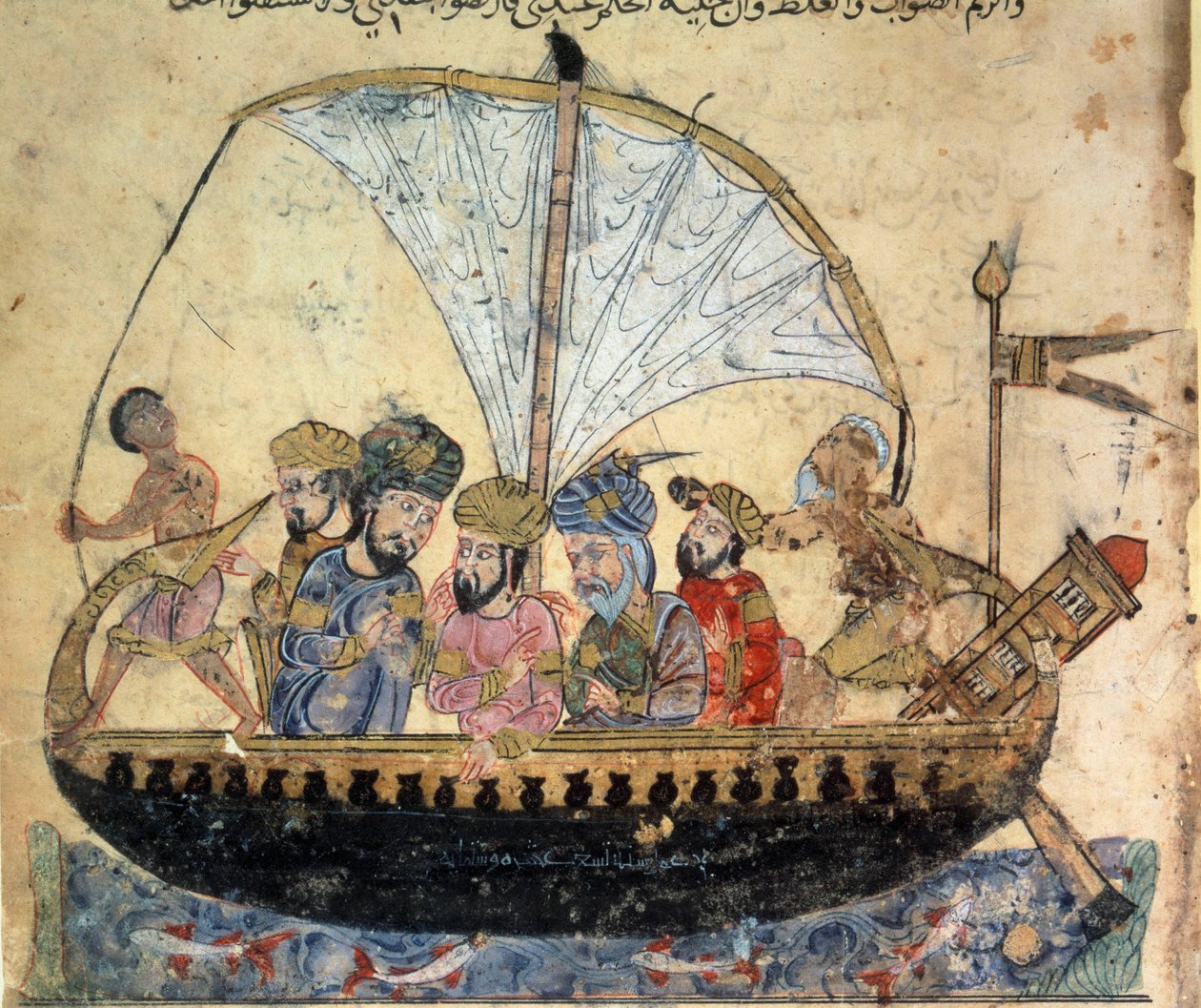 Le bourgeois al-Harith, fils de Hammam, et le navigateur errant Abu-Zayd sur un bateau naviguant sur l