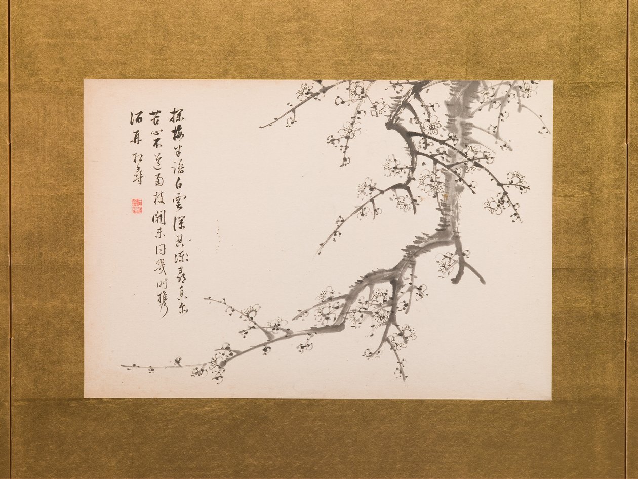 Fleurs de prunus, paravent, panneau 2 sur 4, période Edo 1844 (encre sur papier) (voir aussi 752778-82) - Yamamoto Baiitsu