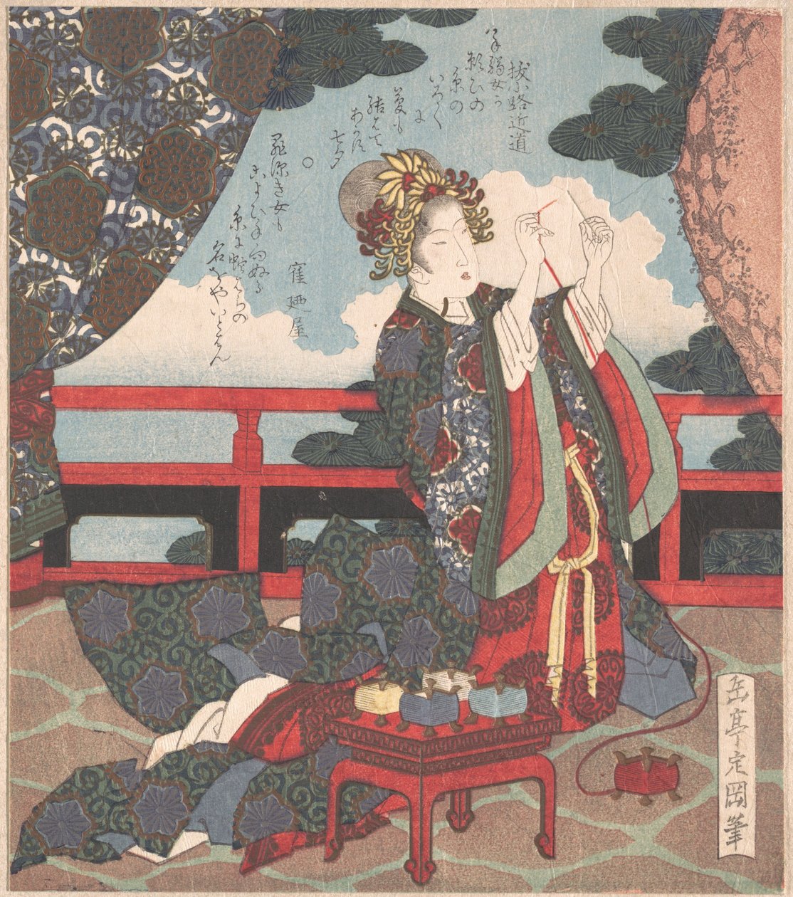 Une dame enfilant une aiguille sur sa véranda - Yashima Gakutei