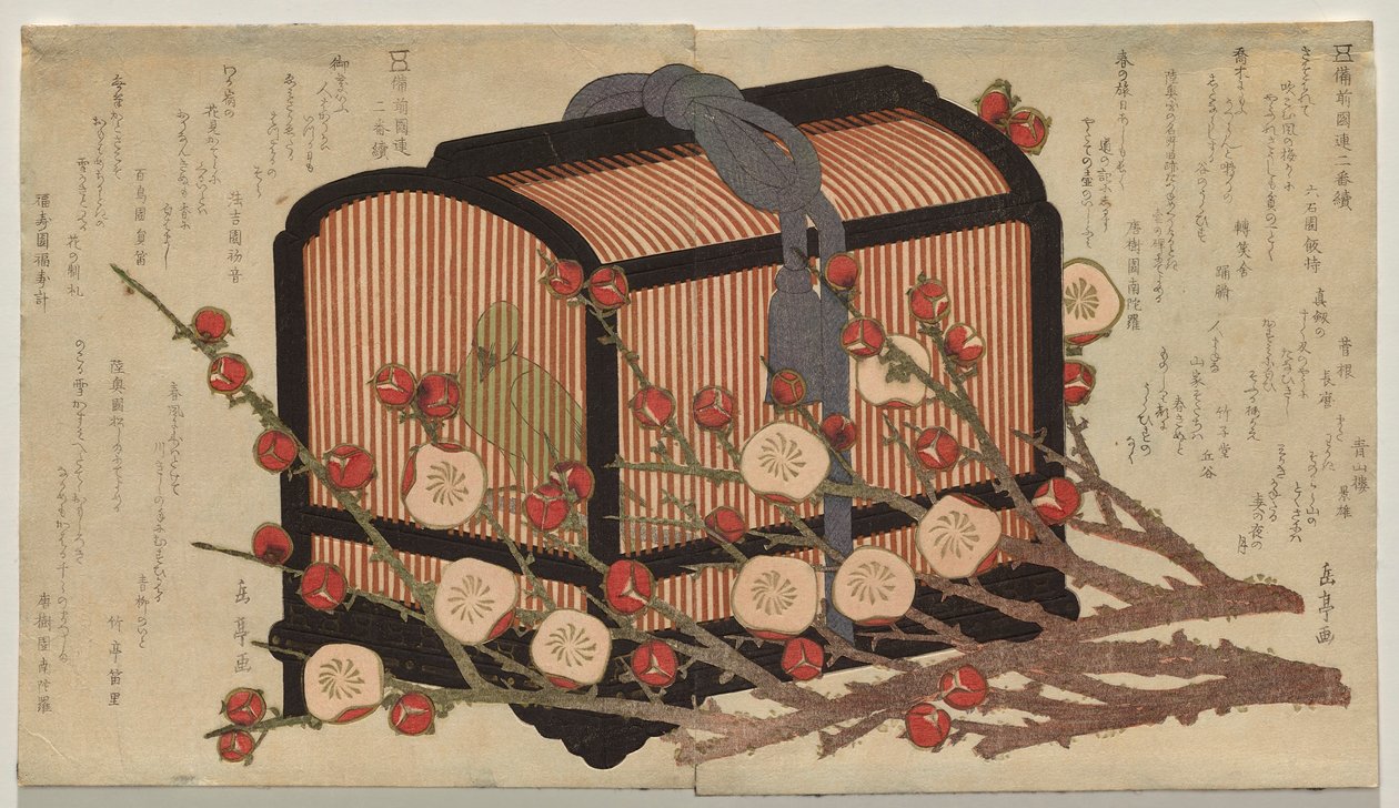 Deux dessins continus pour le club de la province de Bizen sous le groupe Go-gawa : Rossignol en cage avec branches de prunier en fleurs - Yashima Gakutei
