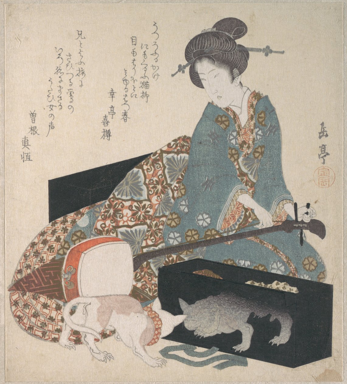 Femme accordant un shamisen et chat regardant son propre reflet - Yashima Gakutei