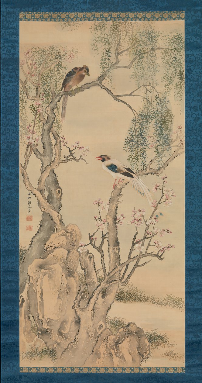 Oiseaux dans les saules et pêcher en fleurs - Yosa Buson