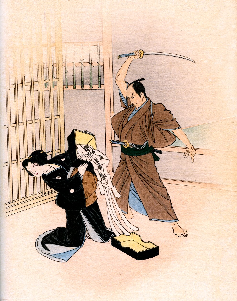 Théâtre japonais traditionnel : un acteur menace une actrice avec une épée - Yoshimune Arai