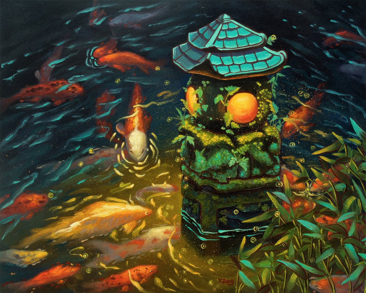 Lanterne en pierre avec poissons koi, 2023 - Yue Zeng