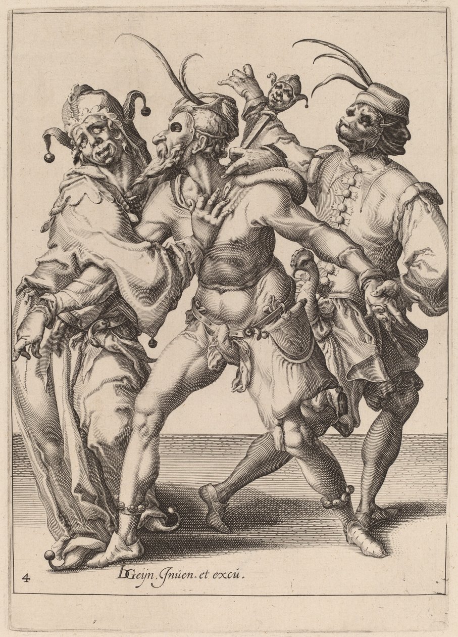 Trois Mimes dansants, y compris un Bouffon - Zacharias Dolendo after Jacques de Gheyn II