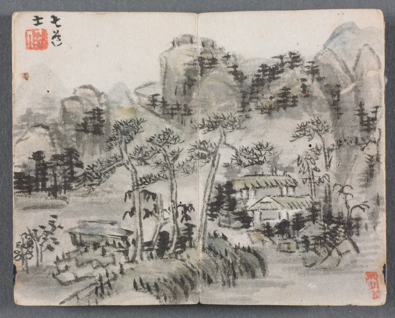Album miniature avec figures et paysage (Paysage avec deux bâtiments) - Zeng Yandong