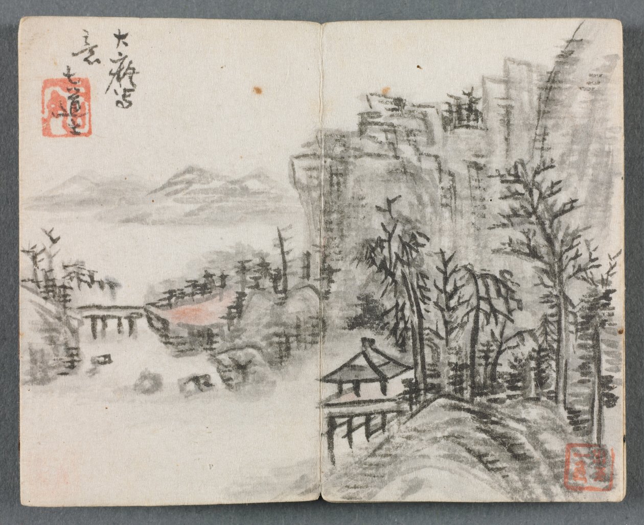 Album miniature avec figures et paysage, Paysage de falaise avec pont, 1822 - Zeng Yangdong