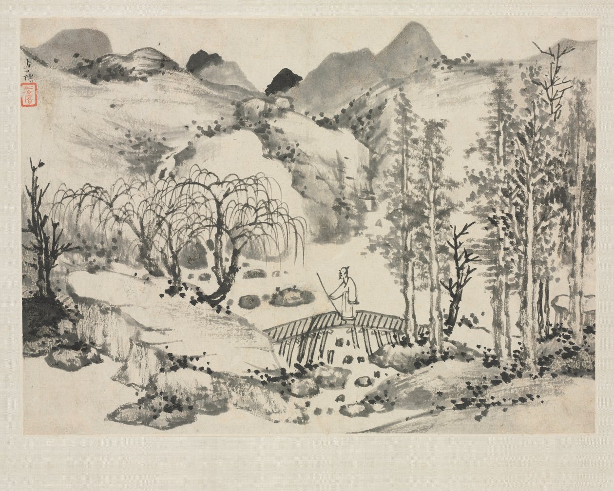 Album de paysages dans divers styles: Paysage avec artiste sur un pont - Zha Shibiao