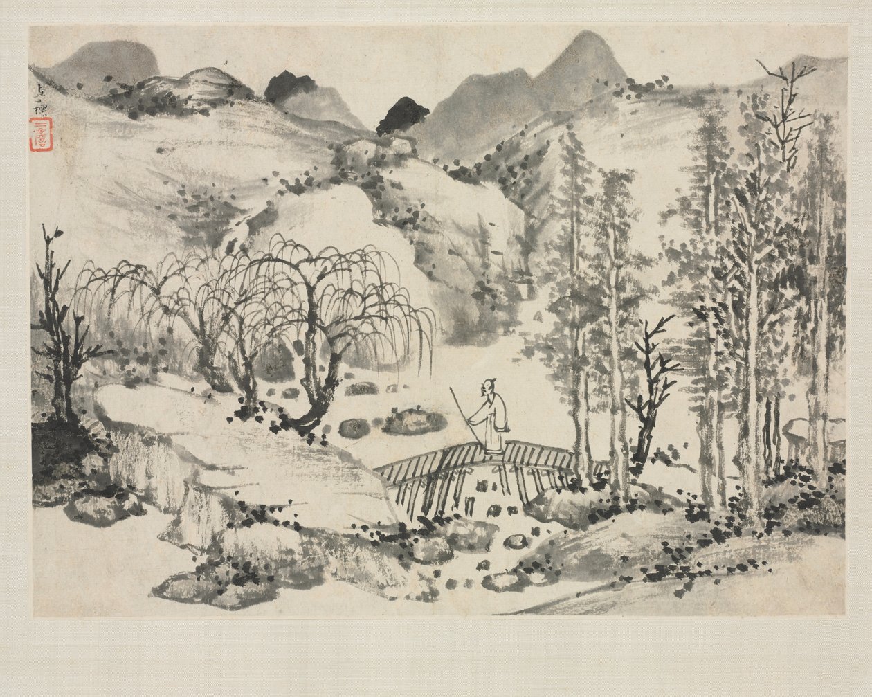 Album de paysages dans divers styles : Paysage avec artiste sur un pont, 1684 - Zha Shibiao