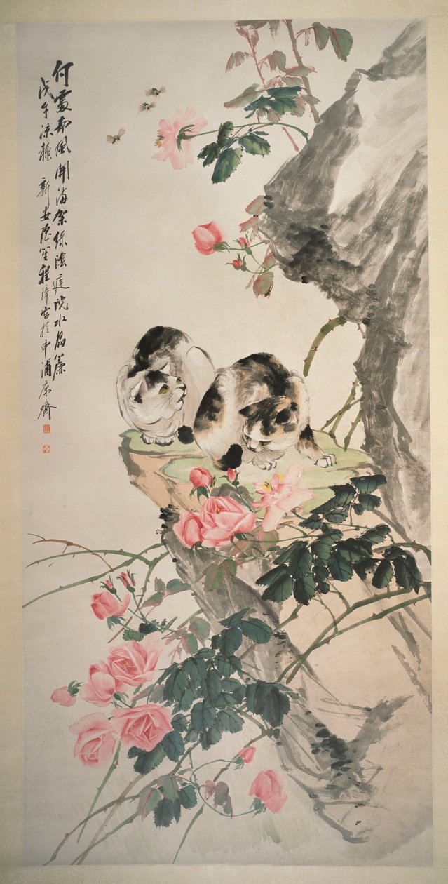 Chats sur un rocher avec des roses - Zhang Cheng