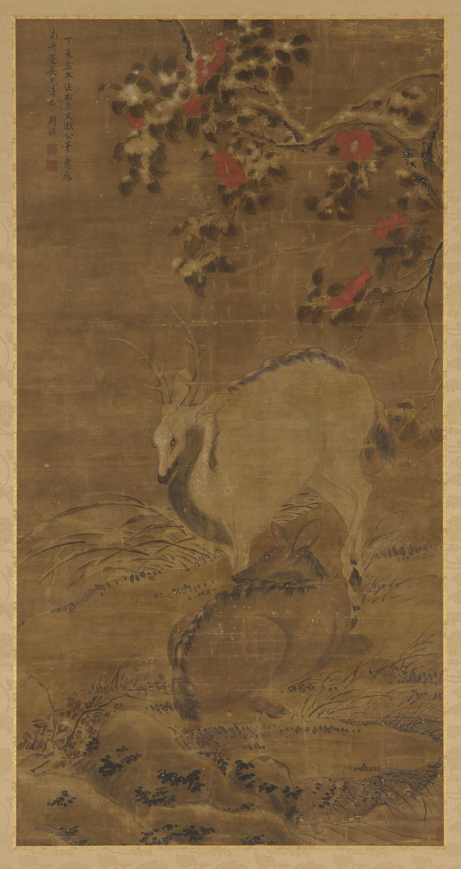 Un cerf, une biche et des camélias rouges dans la neige - Zhou Yuan