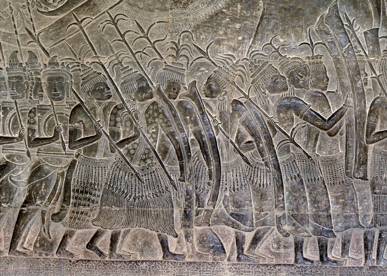 Angkor Wat, Angkor, Cambodge, début du XIIe siècle avec ajouts ultérieurs. Ce détail des reliefs dans la galerie montre les Thaïlandais marchant comme alliés de l
