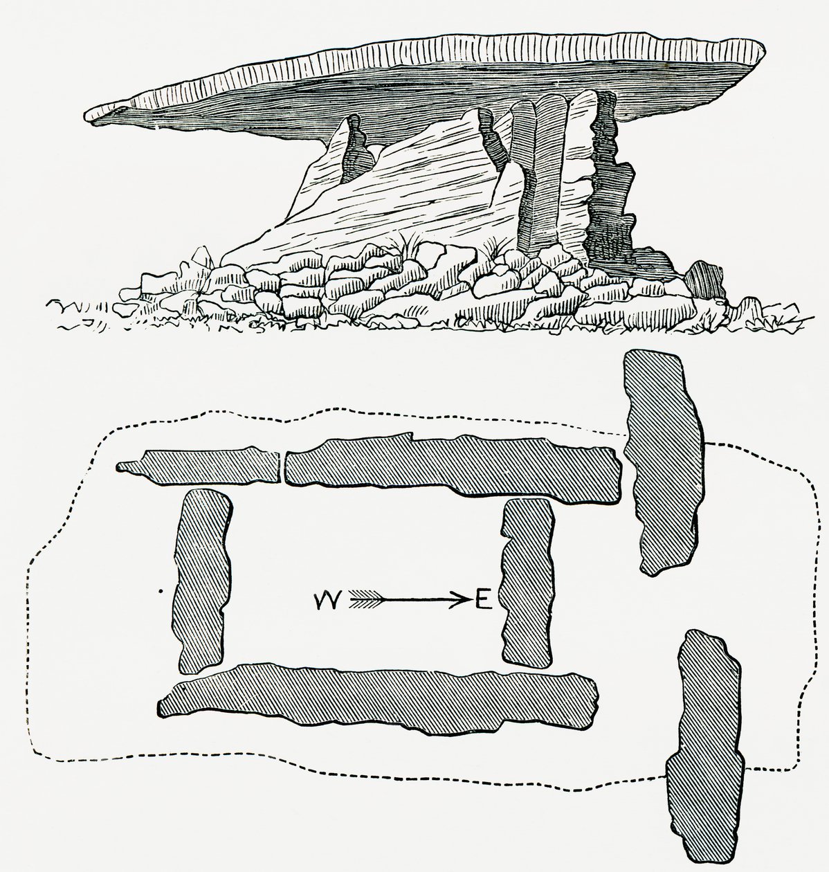 Chûn Quoit, Cornouailles, Angleterre, vue latérale et plan au sol, de Notre propre pays publié en 1898 - Ferdinand Georg Waldmuller