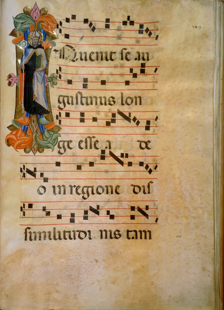 Initiale illuminée avec la figure de Saint Augustin (Corale 19, c. 149), œuvre de Silvestro dei Gherarducci pour le livre de chœur 19 de Santa Maria degli Angeli conservé à la Biblioteca Medice-Laurenziana à Florence - Henry Charles Fehr