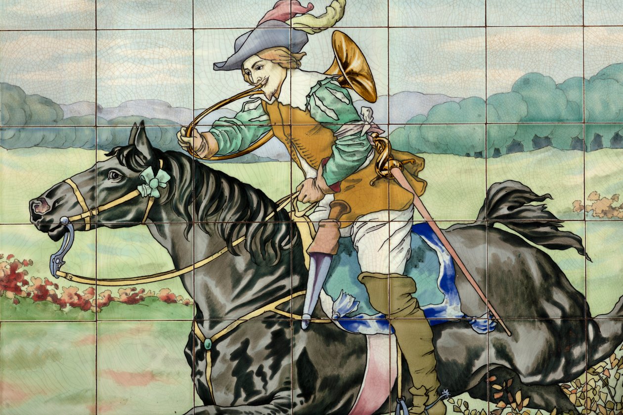 Vue intérieure, panneau de carreaux, peintre Furcy Ernest Tondeur, exécutant Boch Frères La Louvière, deuxième panneau montre une scène de chasse avec un cavalier galopant avec un cor de chasse - . .