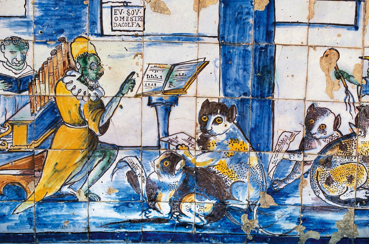 Leçon de musique, avec des chats et des souris anthropomorphes, azulejos, jardins du Palais du Marquis de Fronteira - William Walcutt