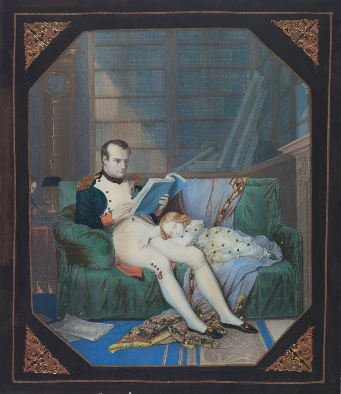Napoléon dans son étude avec le roi de Rome, c.1860 (lithographie) - . .