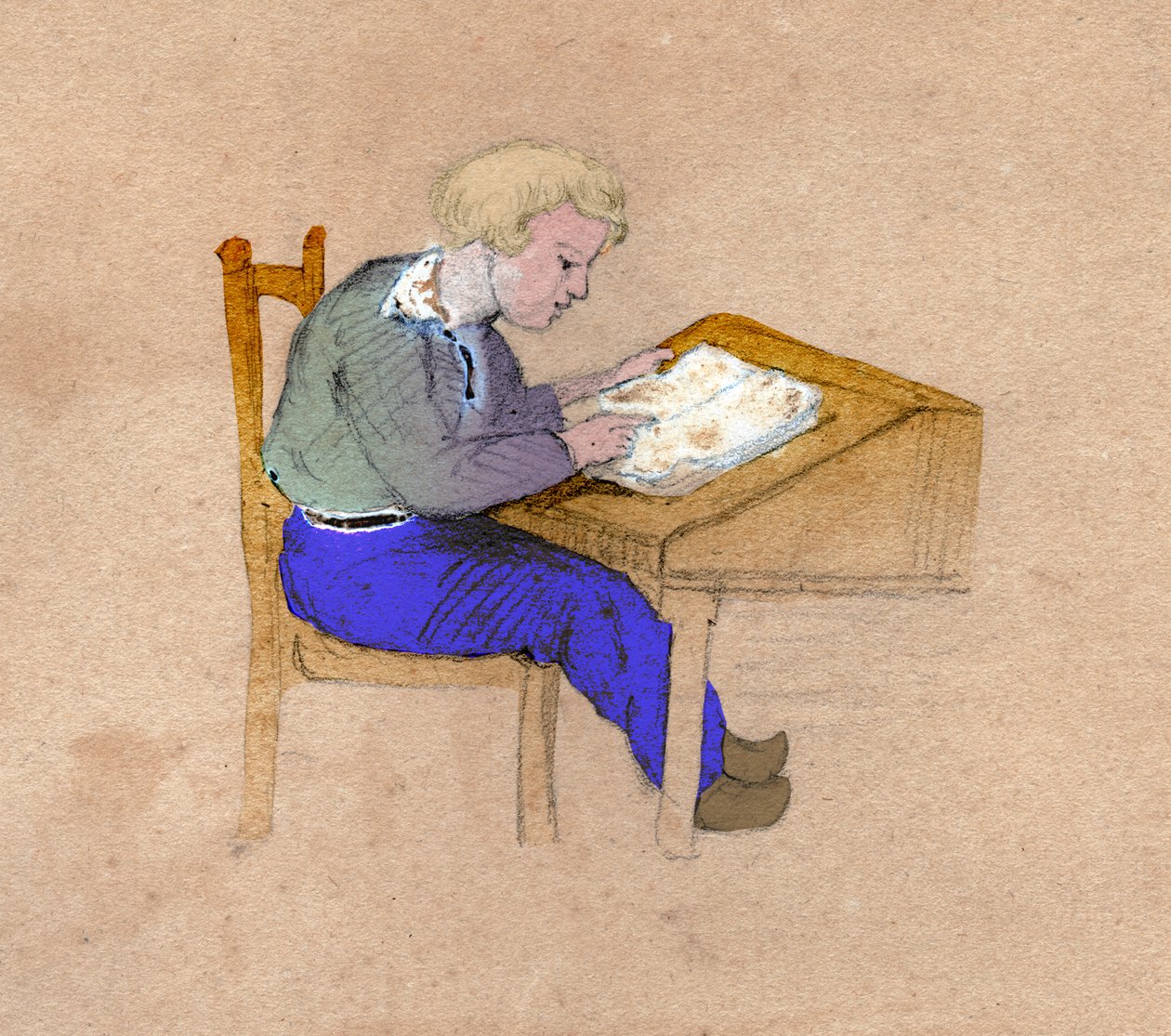 Écolier travaillant à son bureau. vers 1830 (illustration) - . .