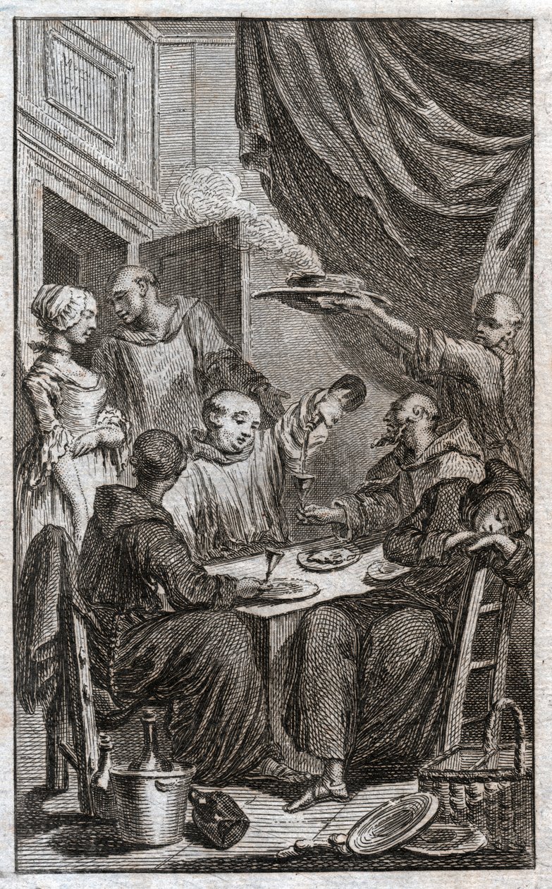Le festin des moines violant les règles monastiques. Ils boivent du vin, courtisent les servantes. XVIIIe siècle (gravure) - . .
