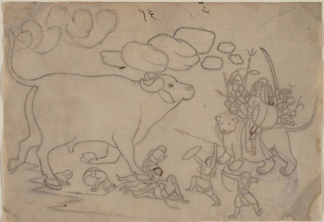 Durga confronte le démon-buffle Mahisha : Scène du Devi Mahatmya - a first generation master after Nainsukh