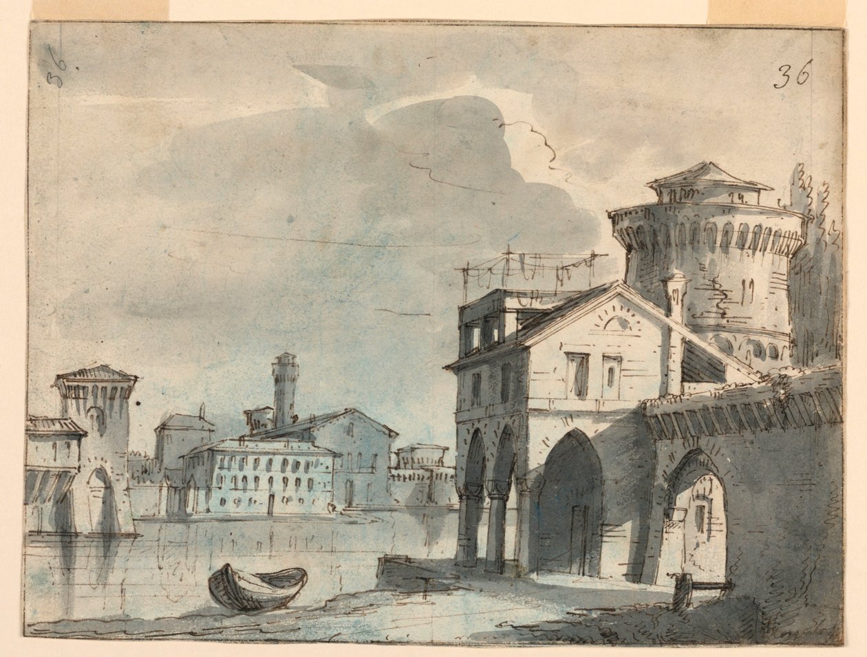 Décor de scène, bâtiments sur le bord de la rivière - after Alessandro Sanquirico