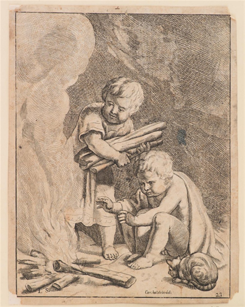 Deux enfants faisant du feu - after Cornelis Holsteyn
