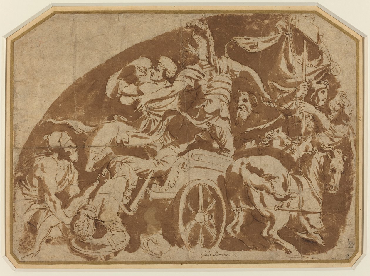 Fuite de Mérionès, avec Coéranos mort traîné hors du char - after Giulio Romano