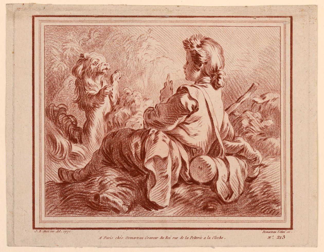 Berger assis jouant avec un chien - after Jean Baptiste Huet