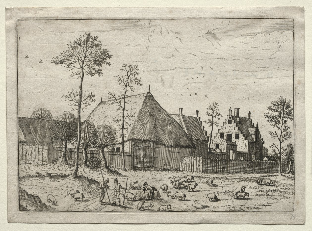 Vue des villages du Brabant et de la Campine : Bergers avec troupeau - after Master of the Small Landscapes