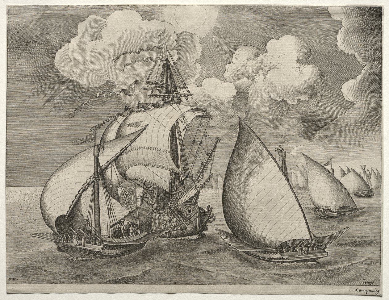 Navires à voile : Une flotte de galères escortée par une caravelle - after Pieter Bruegel