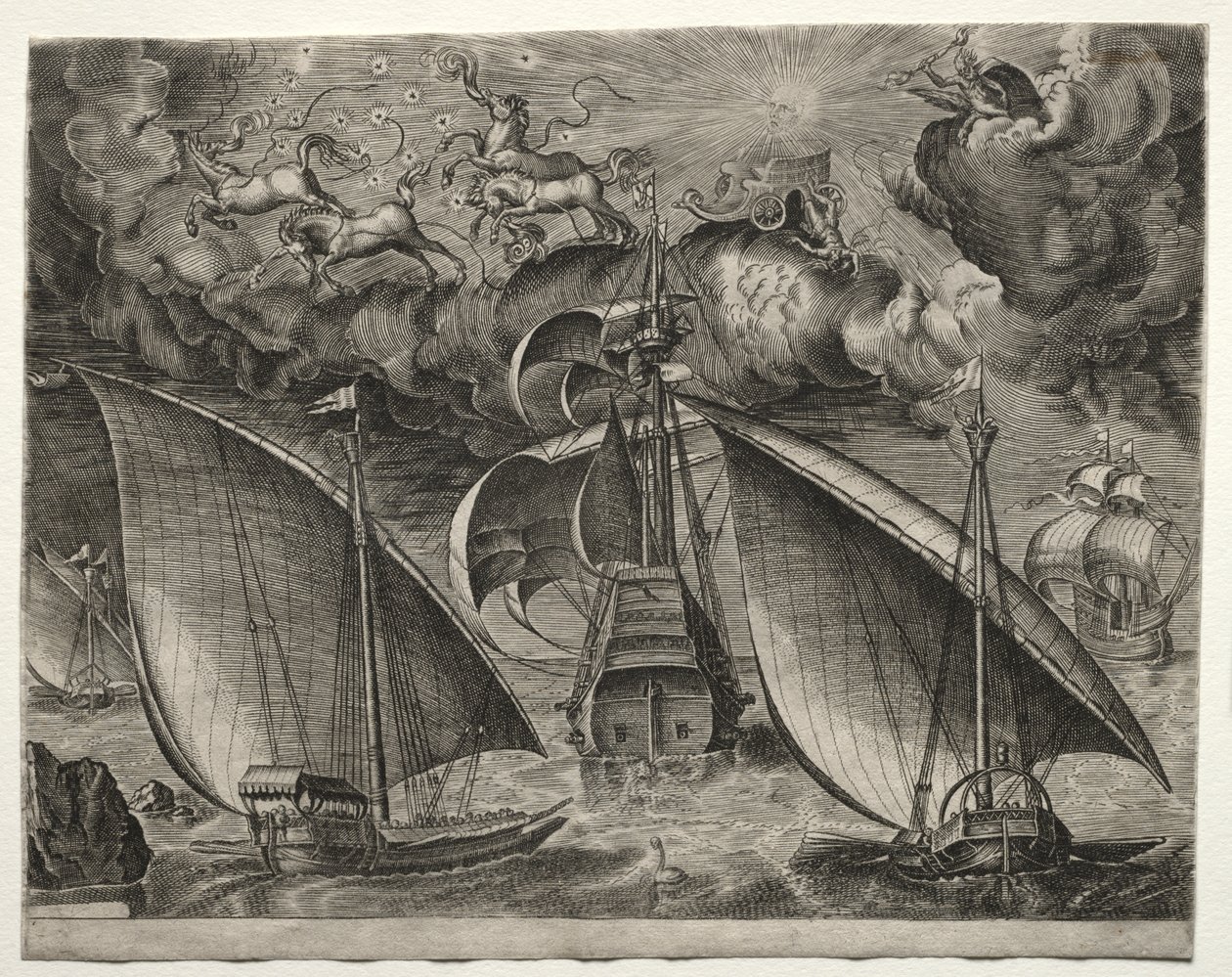 Navires à voile : Deux galères naviguant derrière un trois-mâts armé avec Phaéton et Jupiter dans le ciel - after Pieter Bruegel