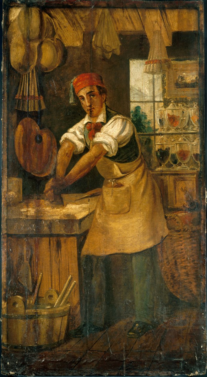 French: Au bon broyeur. Enseigne de marchand de couleurs. Rue Saint-Martin, puis rue Saint-Denis (ancienne maison Picou), 1er arrondissement, Paris - anonymous 