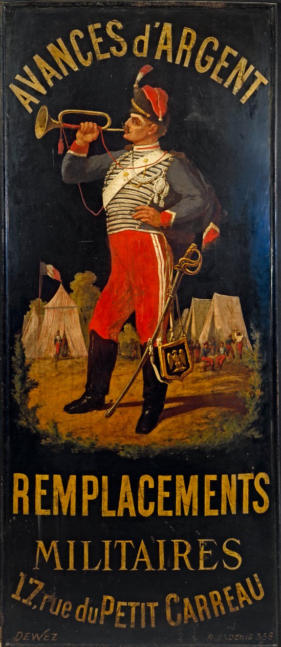 French: Au hussard. Enseigne de bureau de remplacement militaire. 17 rue des Petits- Carreaux, 11ème arrondissement, Paris - anonymous 