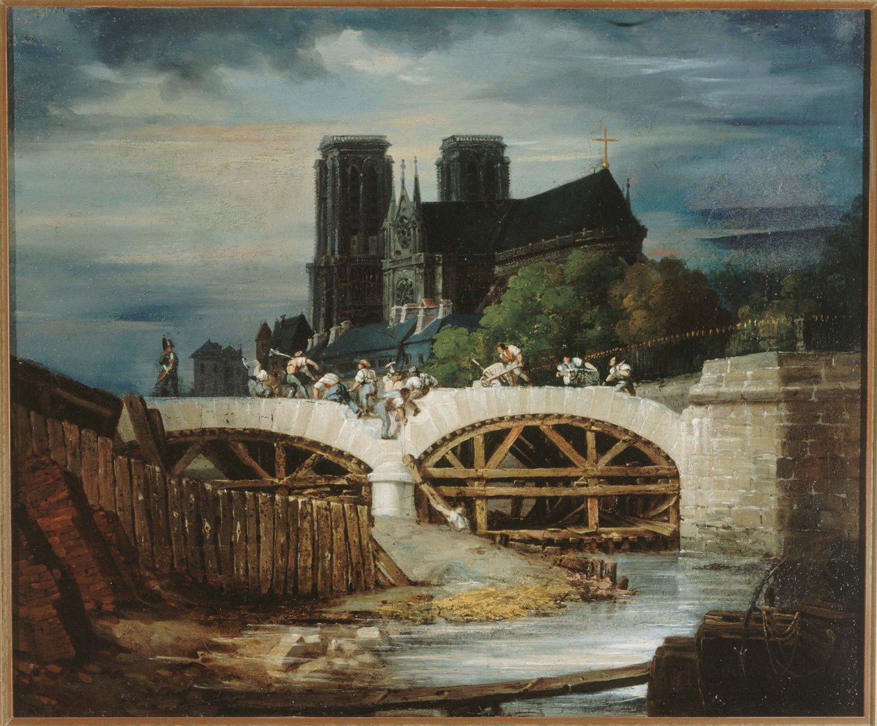 French: Construction du pont de l