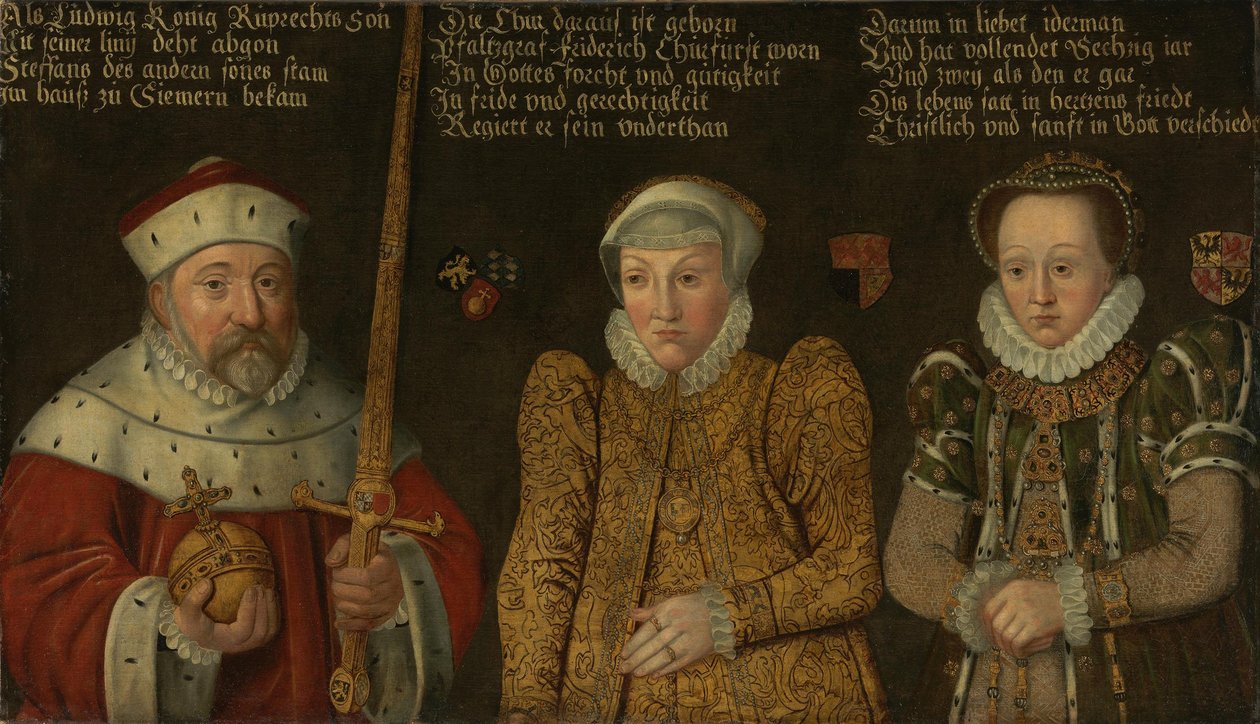 German : Portrait du prince électeur Frédéric III du Palatinat (1515-1576) avec ses épouses Marie de Brandebourg-Kulmbach et Amalia de Neuenar - anonymous 