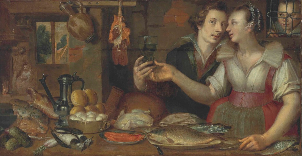 Allemand : Küchenbild, Stillleben mit trinkendem Paar Un intérieur de cuisine avec une servante et un jeune homme - anonymous 