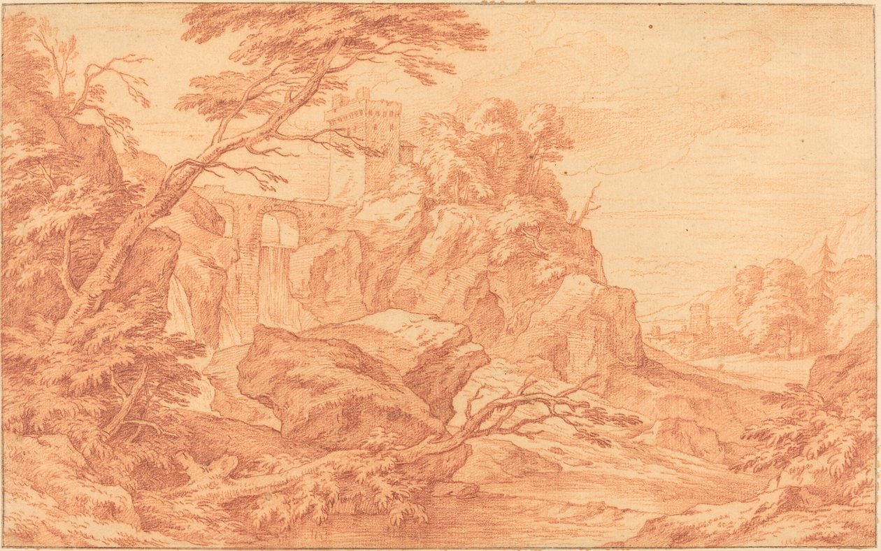 Paysage rocheux avec une tour en pierre et une cascade - attributed to Adriaen Frans Boudewyns