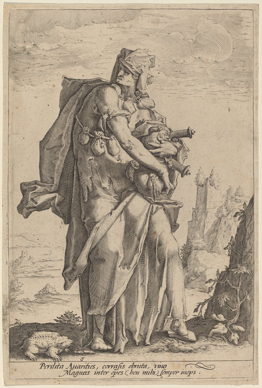 Avarice - attributed to Jacob Matham, after Hendrik Goltzius