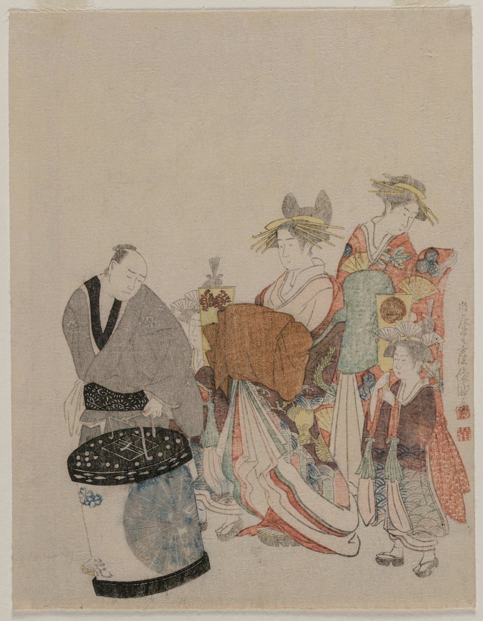 Courtisane en ville avec des assistants la nuit - attributed to Kubo Shunman