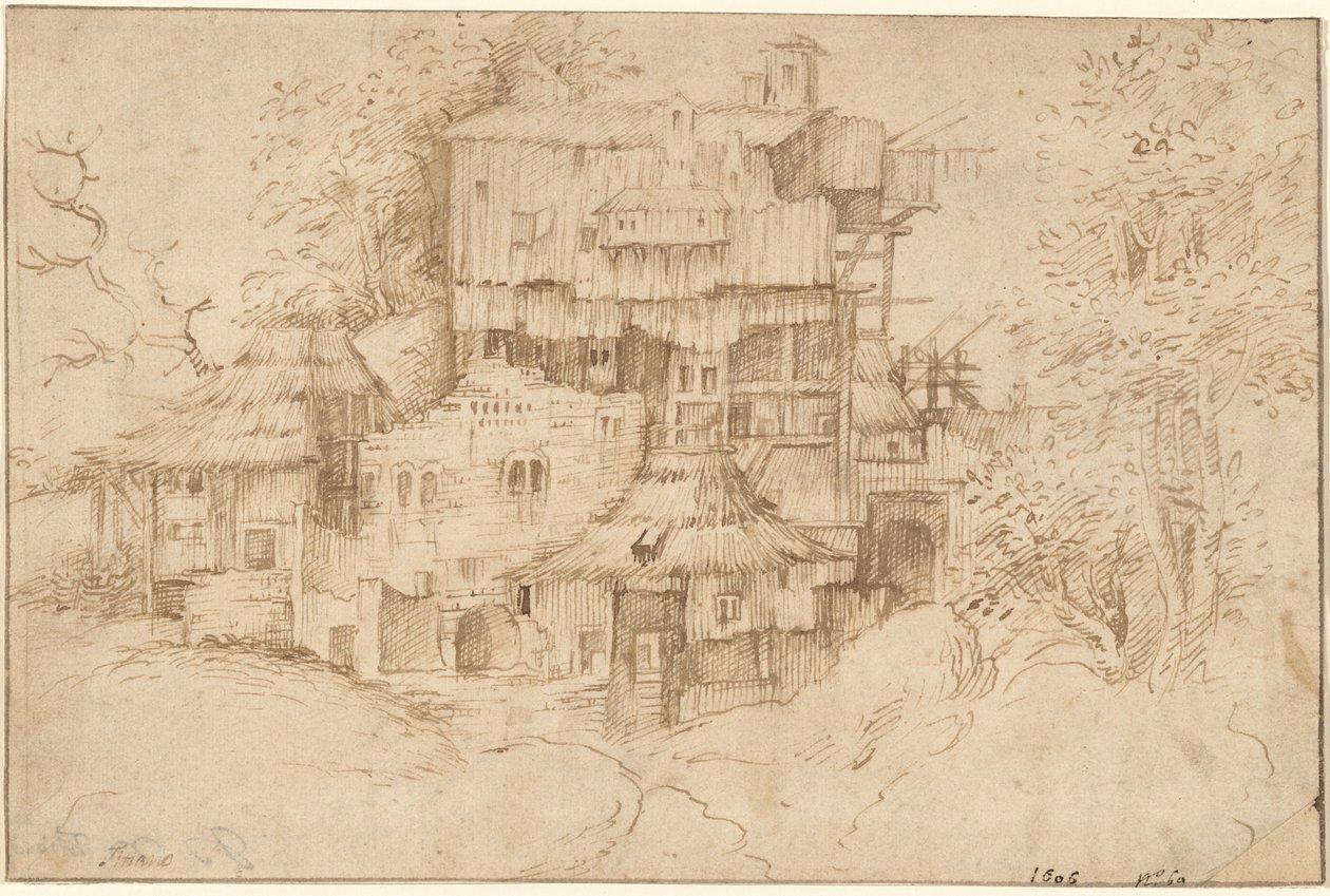 Un complexe de maisons rustiques construites sur des ruines - circle of Giorgione