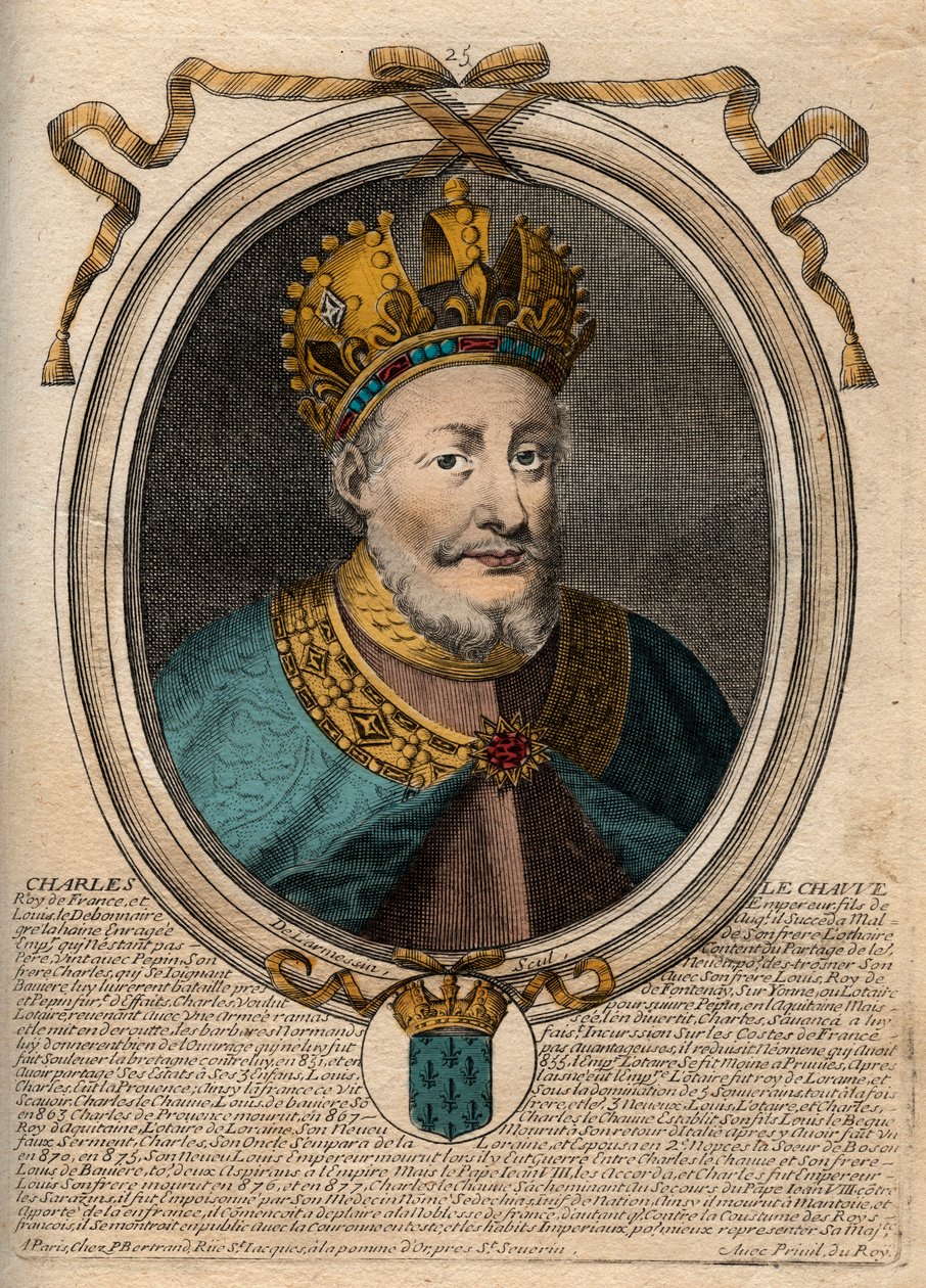 Portrait de Charles II le Chauve (823-877), Roi de France - Gravure de 