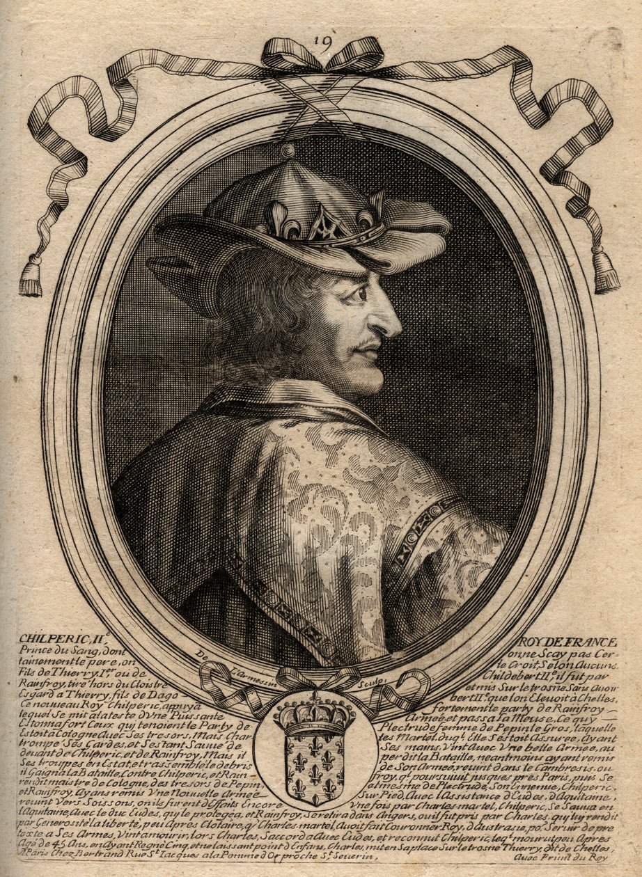 Portrait de Chilpéric II (c. 670 - 721), roi de Neustrie - Chilpéric II roi des Francs - Gravure de 